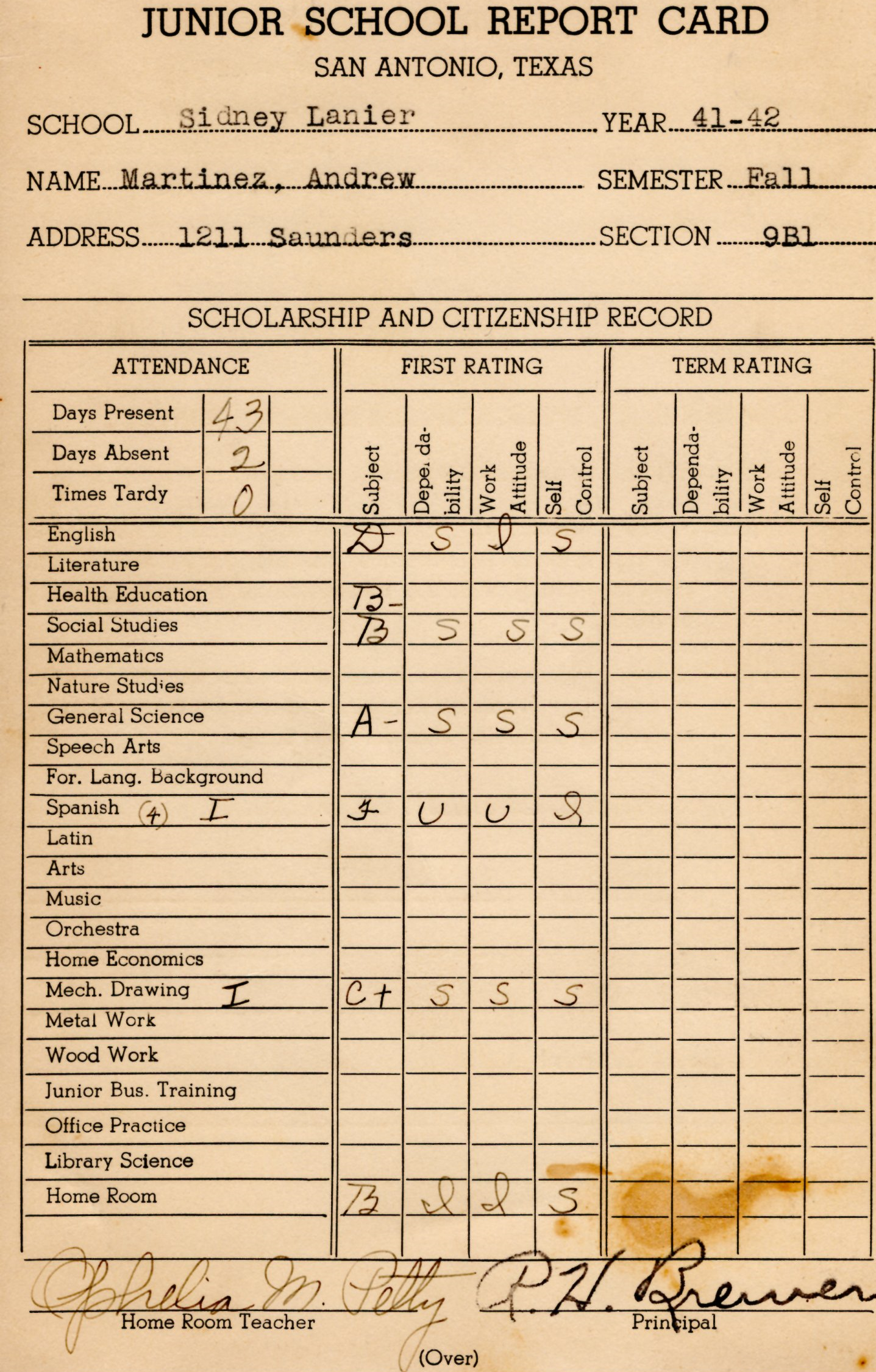 026 1941-1942 Sidney Lanier Junior School Report Card